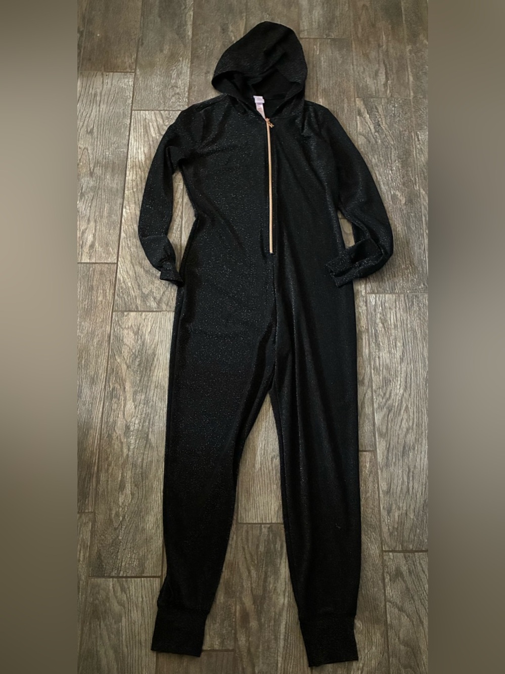 Savage X Fenty Sleep & Shine Hooded Shimmer Jumpsuit Caviar Black Size Medium - Picture 3 of 7